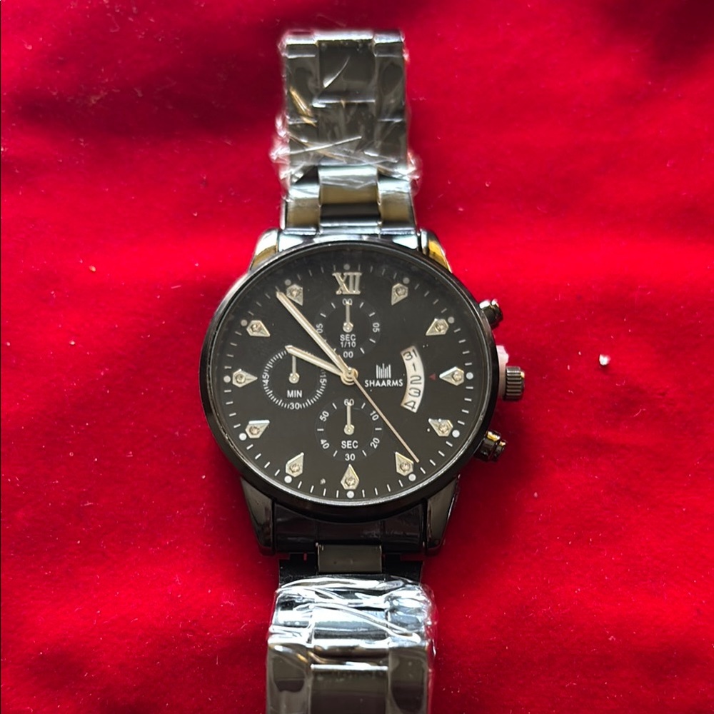 Black and Silver Chronograph Watch with Stainless Steel Band